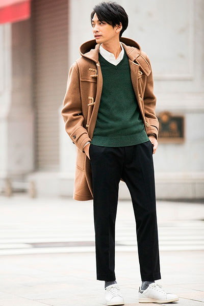 Duffle coat and knitted jumper