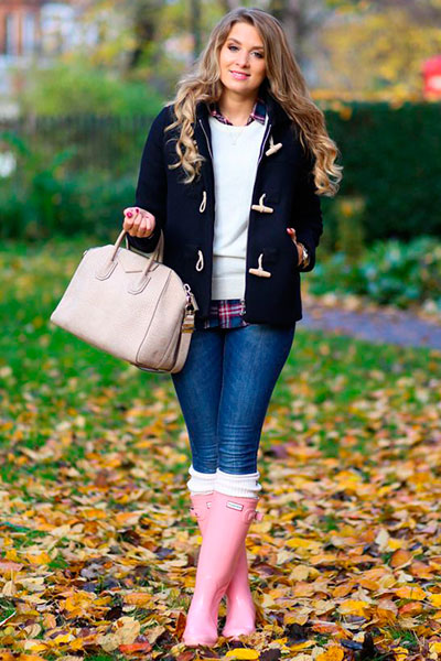 Women's duffle coat and rubber boots
