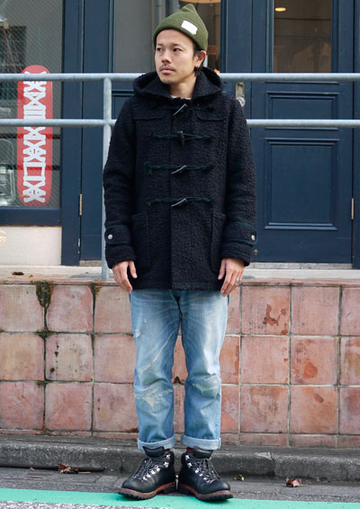 Men's duffle coat and mountain boots