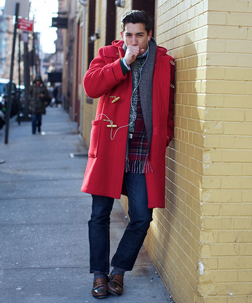 Men’s duffle coat and jeans